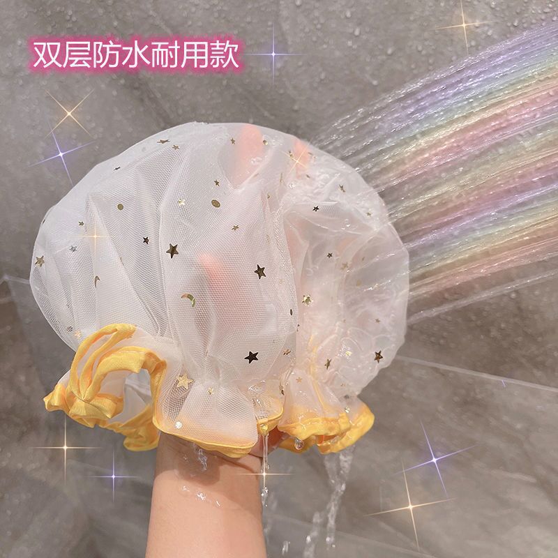 时尚双层加厚防水沐浴帽抖音防水网纱星星空浴帽女双层淋浴洗澡帽