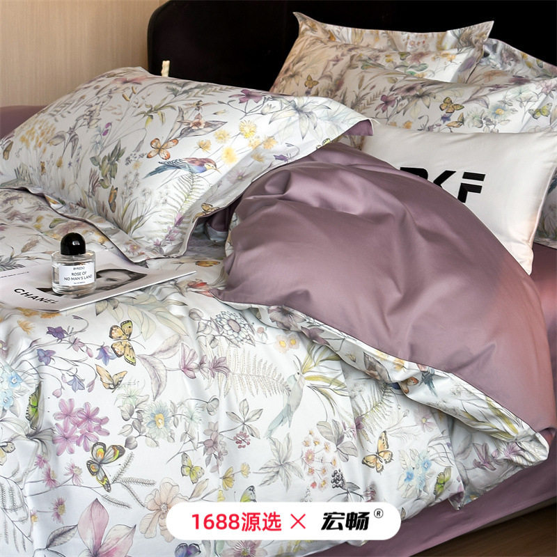 60支新疆长绒棉数码印花四件套100%全棉纯棉贡缎丝滑被套四季款