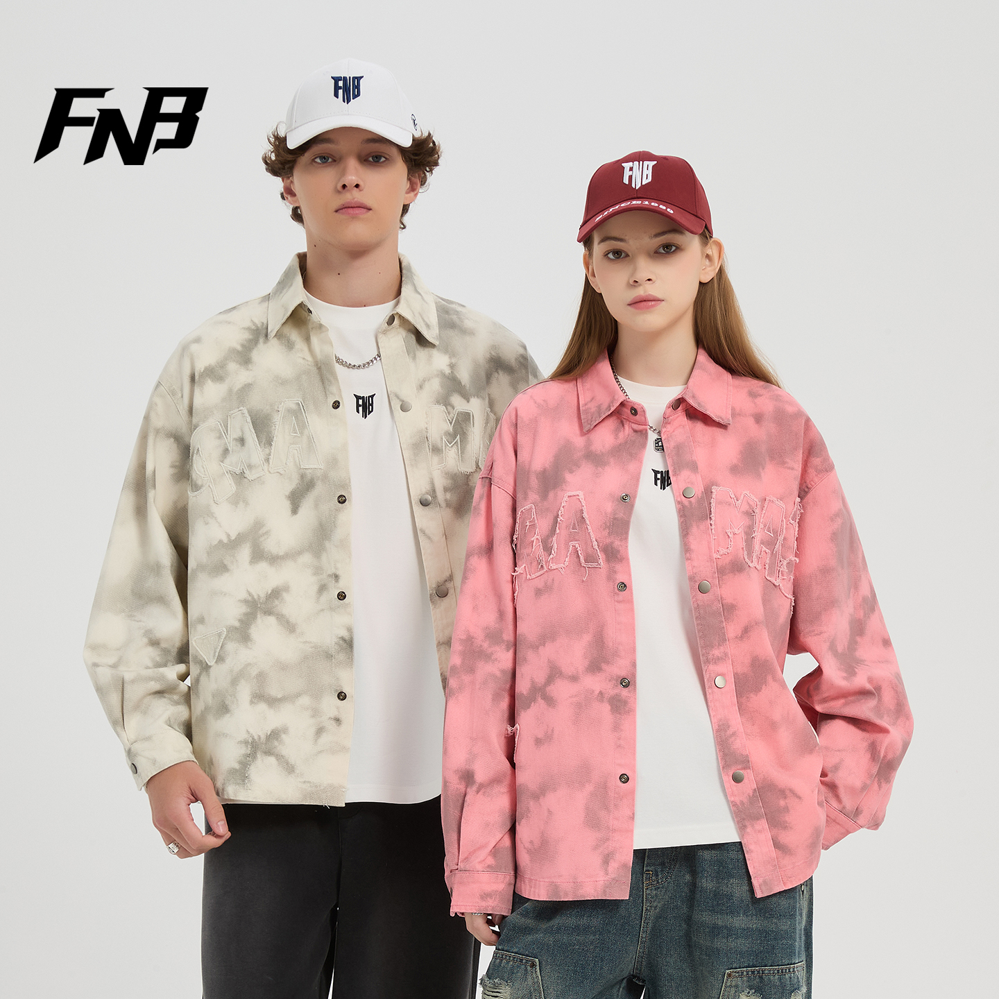 FNB牛仔衬衫外套男女秋款翻领个性贴布绣夹克青年宽松圆底摆上衣