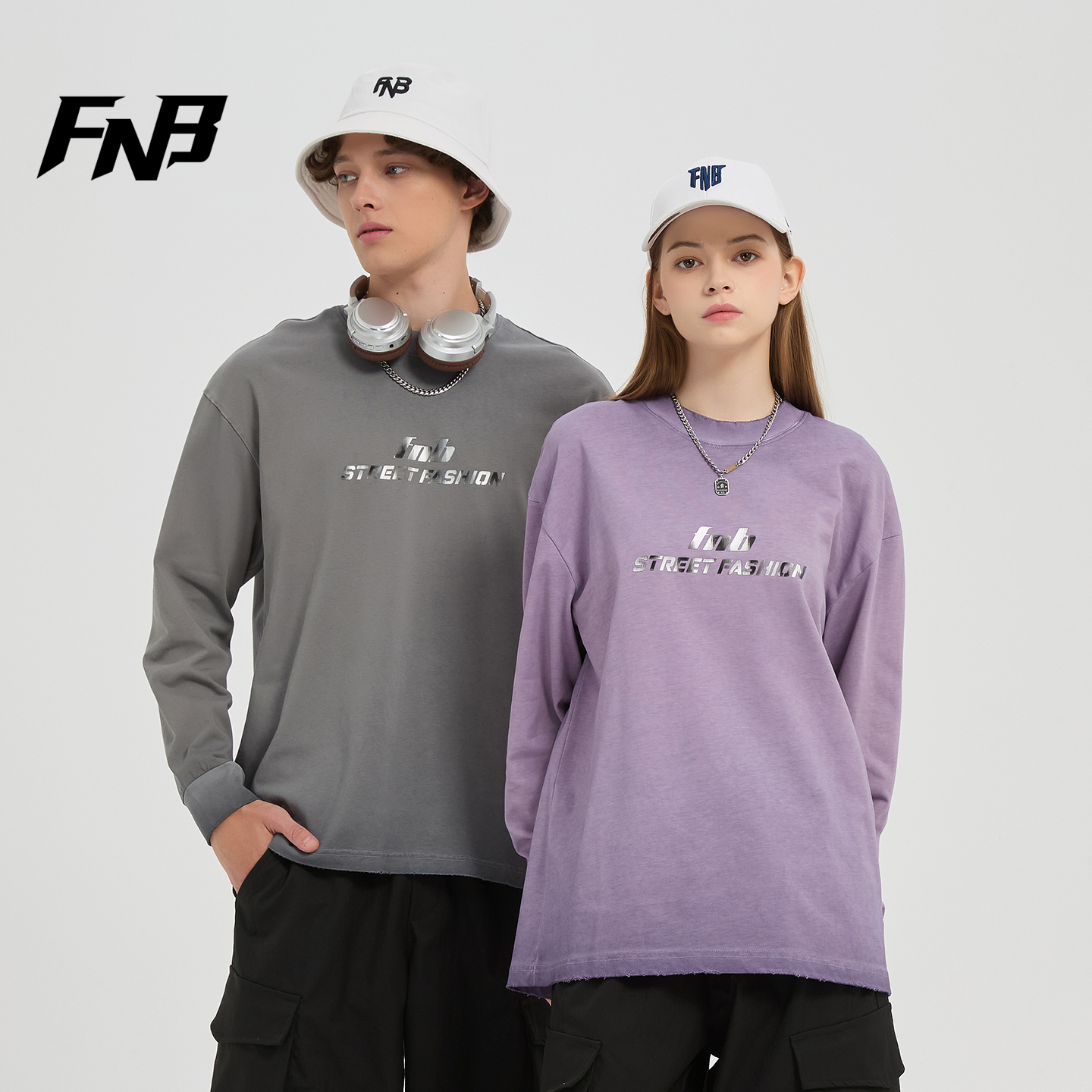 FNB美式潮牌长袖T恤男女同款2025秋季新款卫衣紫色百搭打底衫上衣