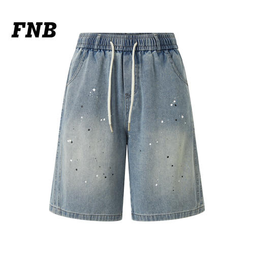 美国FNB26新款复古泼墨牛仔短裤男女夏季宽松抽绳五分裤潮流百搭