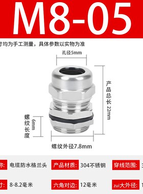 不锈钢防水接头电缆固定密封M12M16M20M25M32M40金属填料函格兰头
