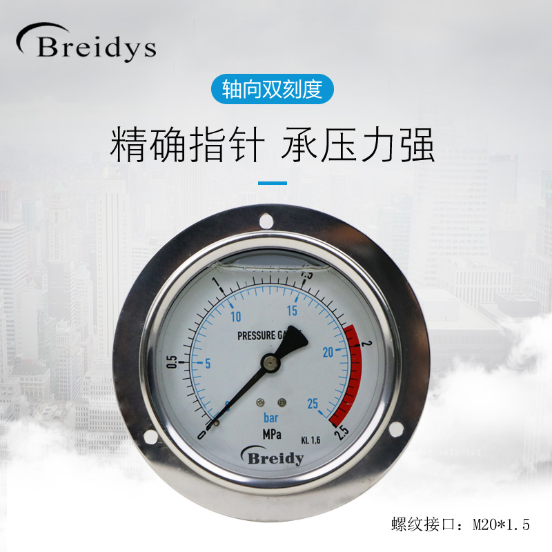 压力表YN100ZT不锈钢耐震轴向压力表测水气压通用0-1.6/100mpa