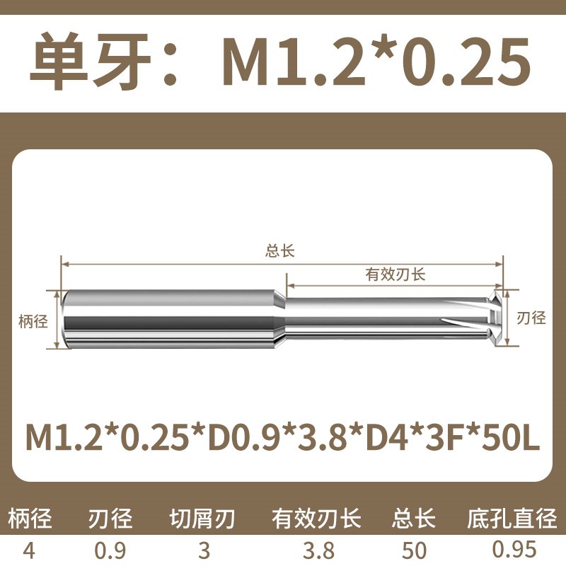 65度合金钨钢螺纹铣刀单齿三牙全A牙加工中心刀具铝用洗牙刀m1-m2
