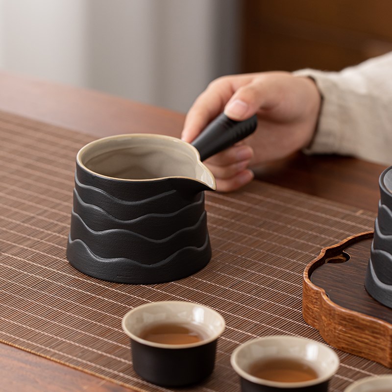 极速黑陶公e道杯陶瓷茶海大号分茶器家用茶具侧把公杯陶瓷柄防烫