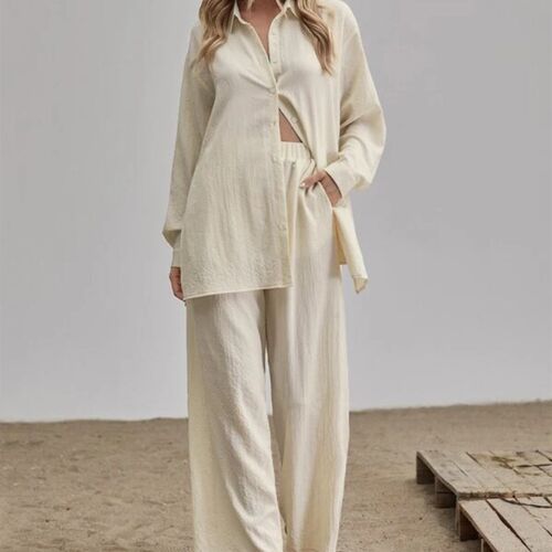 极速2023 Long Sleeve Linen Shirt anFd Wide Leg Pants Suit Wo