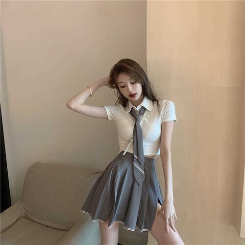 新品学院风JK制服纯欲套装女夏季长袖衬衫L日系开叉百褶半身裙两