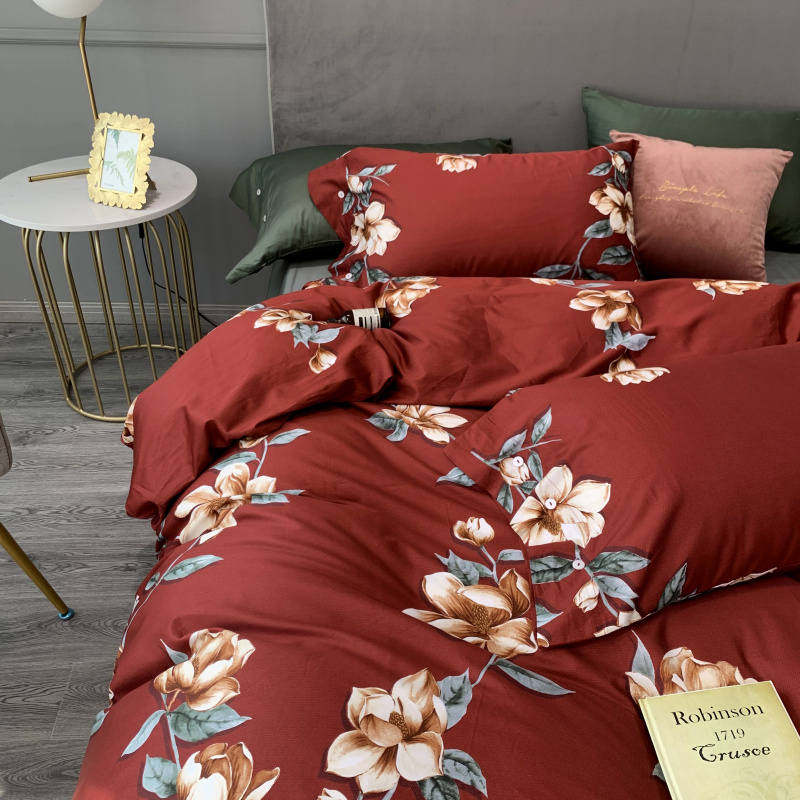 极速美式田园风印花红色结婚v庆60支贡缎长绒棉纯棉婚礼四件套床