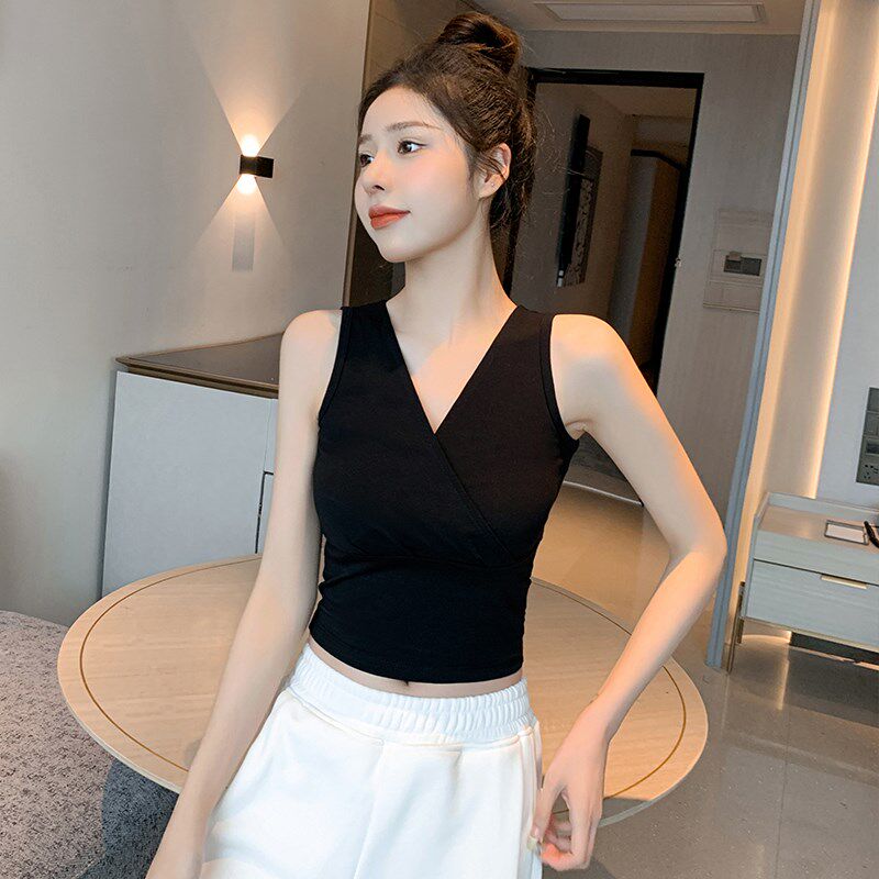 新品法式小吊带背心女夏r内搭v领黑色纯棉露脐设计感无袖外穿短款