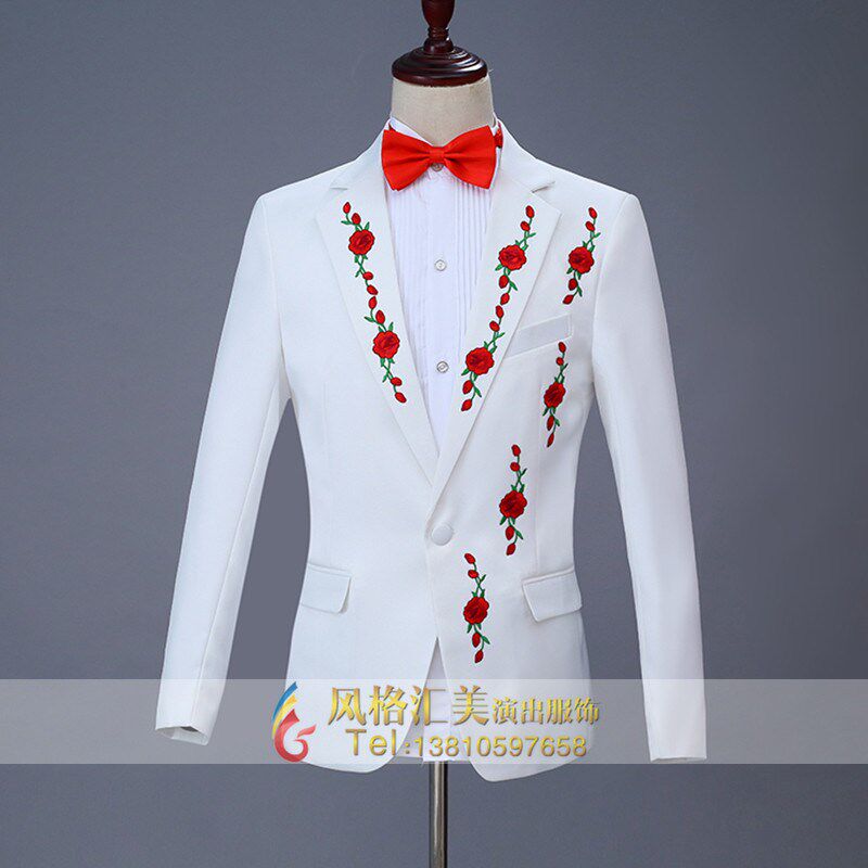 新品新款白色大合唱西服三t件套中老年合唱指挥服成人帅气青年男