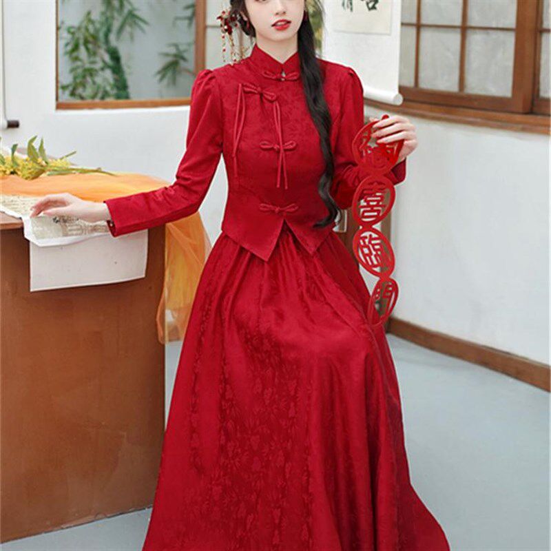 新品新中式红色晨袍女新娘订婚结婚婚礼回门旗袍敬酒X服两件套礼