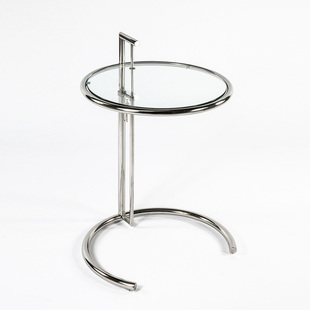 极速Eileen Gray时尚玻璃茶几小圆茶几现代经典T不锈钢升降边几高