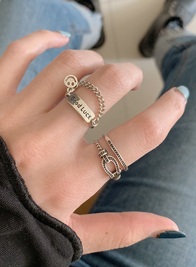 极速纯银戒指男女情侣时尚个性ins潮小众设计冷淡风W复古蹦迪笑脸