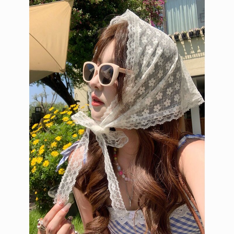 夏季遮阳复古包头丝巾白色甜美田园风法式飘带蕾丝三角头巾女款发