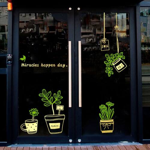 奶茶服装店玻璃门小草树枝春天贴纸店铺橱窗绿植墙贴装饰画
