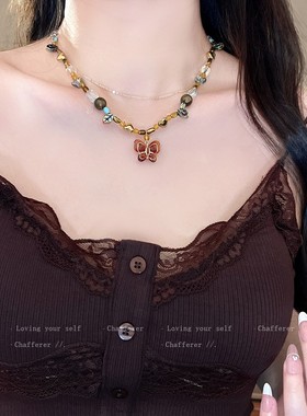 是秋天的颜色！美拉德串珠蝴蝶项炼女款千金风叠戴锁骨毛衣炼配饰