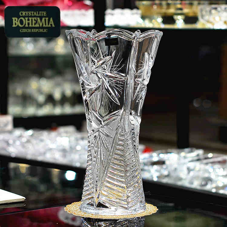 捷克进口BOHEMIA波西米亚手工车刻水晶玻璃花瓶创意摆件透明花瓶