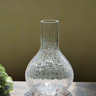 人间开花 原创冰裂纹手工玻璃花瓶复古透明家用客厅桌面装饰花瓶