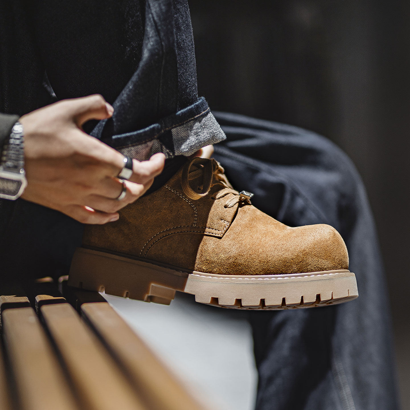 MRA棕色德比鞋男款2025新款秋季低帮大黄靴厚底增高大头工装皮鞋