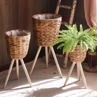 蒲草编织a落地阳台花架绿萝花盆架子室内客厅木质装 饰藤编花篮北