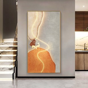 石来运转玄关装饰画现代轻t奢背景墙挂画走廊壁画橙色玄幻画发财