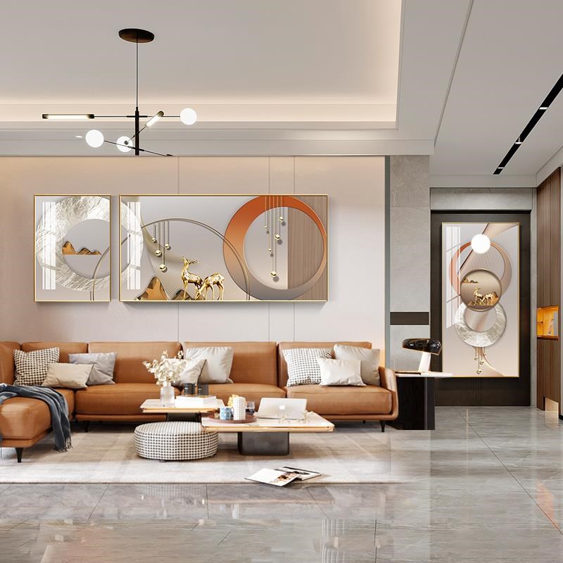 福禄厅生辉客挂现代p奢简约抽象组合轻大沙气发鹿墙背景壁定做