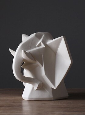 素烧抽象北欧风动物白色象头摆件现代简约Q酒店会所家居装饰品