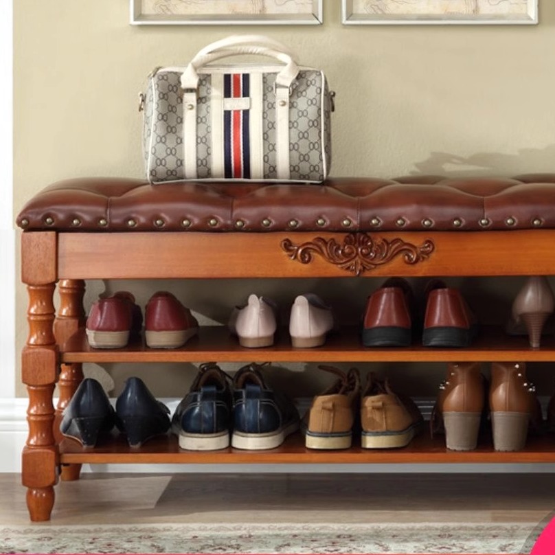 真皮全实木换鞋凳家用门口可坐入户鞋柜一体长条穿鞋凳收纳鞋架子