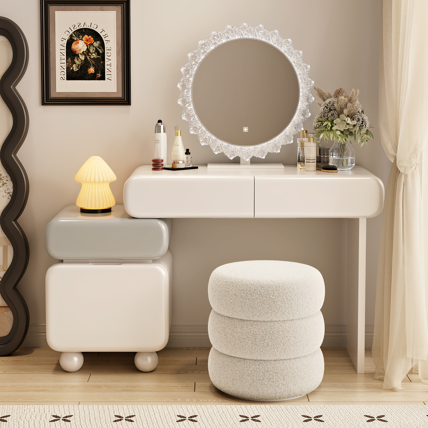 奶油风小户型轻奢高级床头柜一体