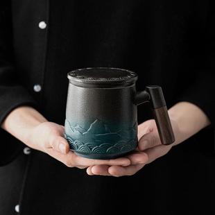 爆款山形马克杯黑陶带盖过滤泡茶杯茶水分离办公室陶瓷带把喝茶