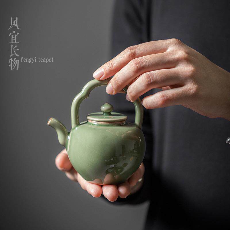 爆款越窑青瓷吴经提梁壶手工日式陶瓷家用泡茶壶功夫茶具
