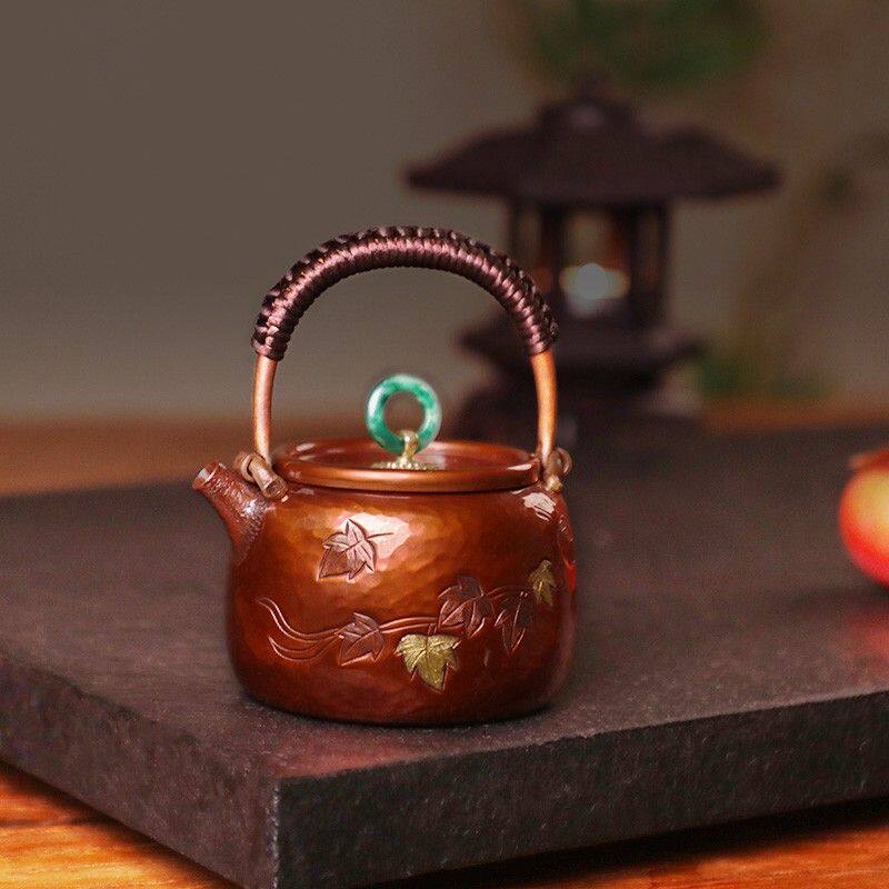 纯紫铜泡茶壶铜壶纯手冲泡壶加厚高端茶壶手工茶壶枫叶