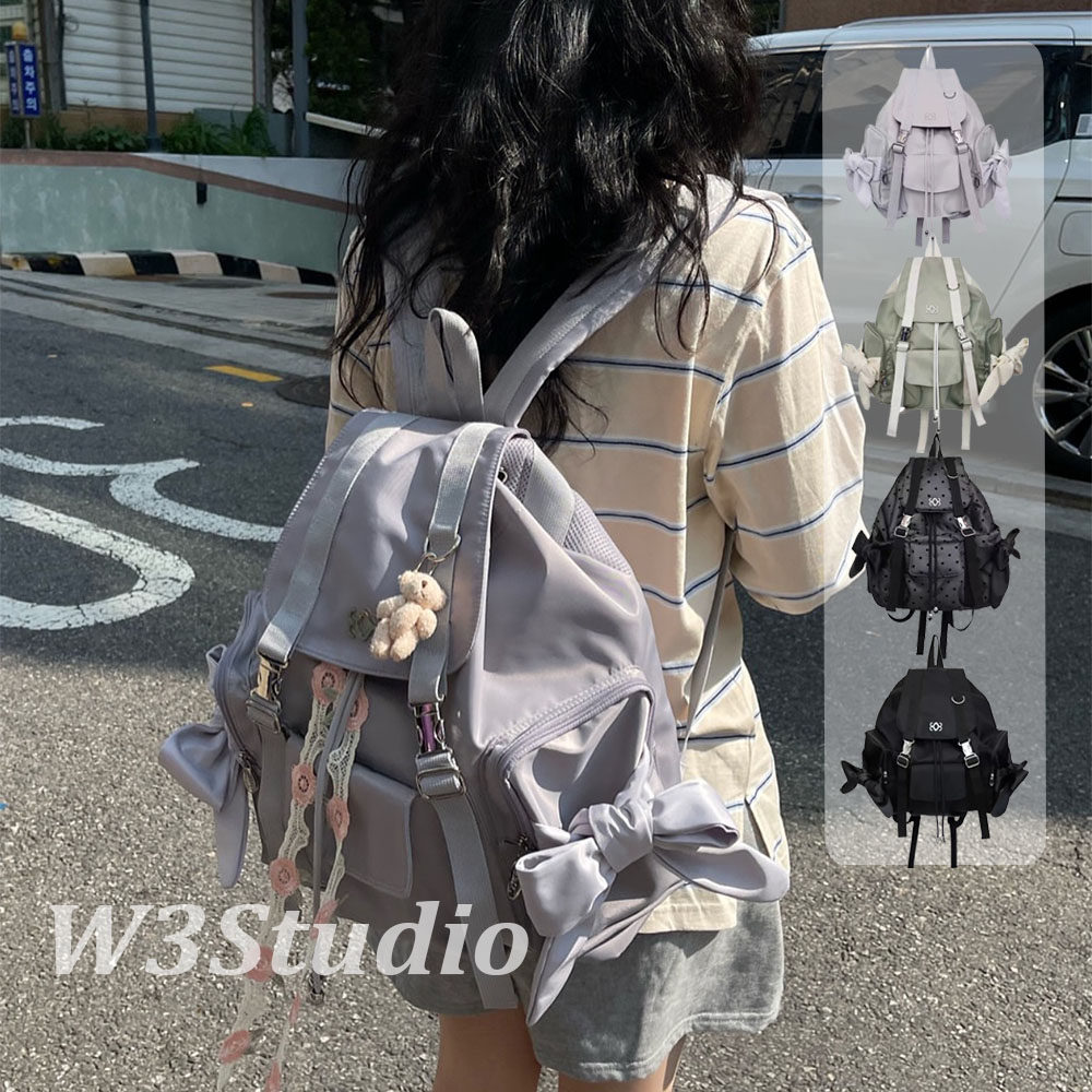 W3Studio韩国小众Siweol107大容量蝴蝶结波点双肩包尼龙通勤背包