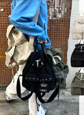 韩系小众deinet双肩背包水桶大容量百搭时尚铆钉帆布大容量背包