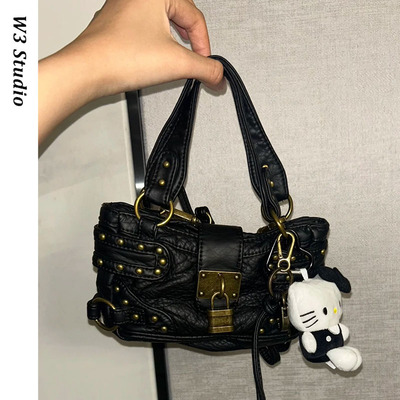 W3秋冬欧美小众铆钉锁扣复古街头豹纹机车包mini斜挎手提包女