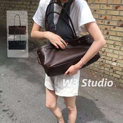 W3Studio韩系小众春夏高级感牛皮抽绳托特包简约通勤单肩腋下包
