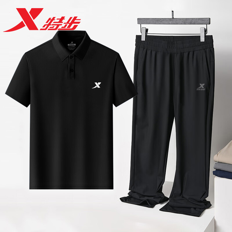 特步休闲套装男2025夏季时尚透气短袖梭织直筒运动裤中老年爸爸装