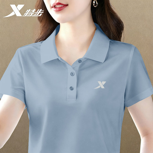 特步翻领冰丝短袖女夏季正肩显瘦