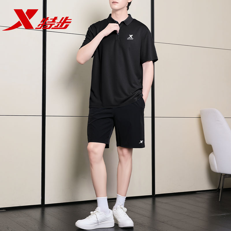 特步Polo衫套装男透气速干男装2025夏季男士薄款两件套中年爸爸装