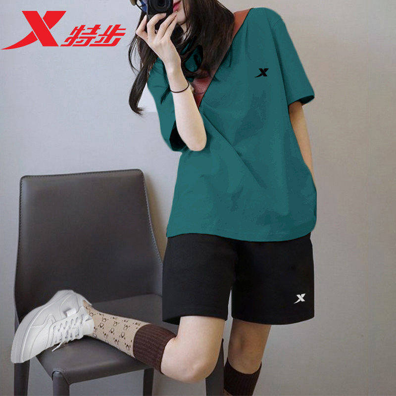 特步速干运动套装女款夏季透气宽松休闲短袖短裤两件套健身运动服