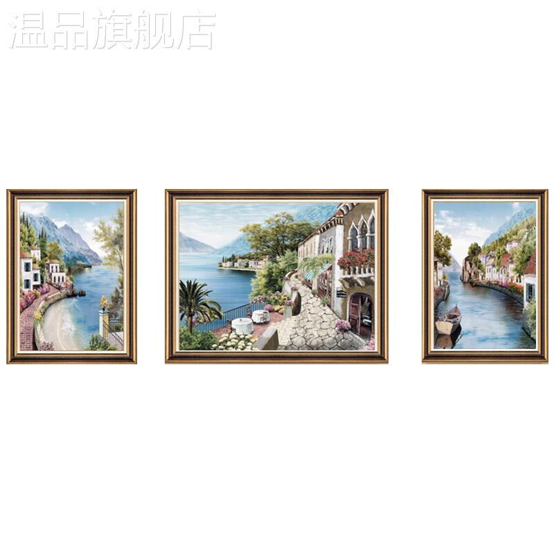 新款客厅装饰f画欧式简美沙发大气三联地中海风景油画背景墙饰壁
