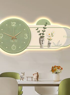 奶油风餐厅装饰画LEDr灯画饭厅背景墙挂画好事发生创意时钟壁灯画