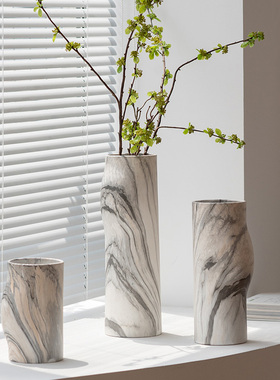 现代简约灰白大理石纹陶瓷t插花器花瓶摆件样板间酒店客厅餐桌装