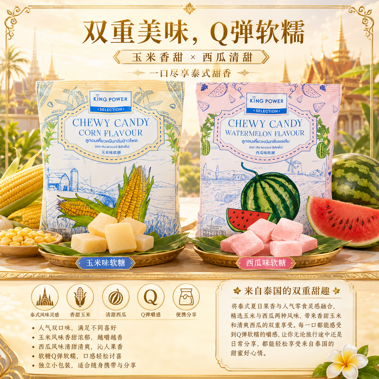 KINGPOWER泰国进口清爽水果糖玉米西瓜味软糖护手清凉糖袋装