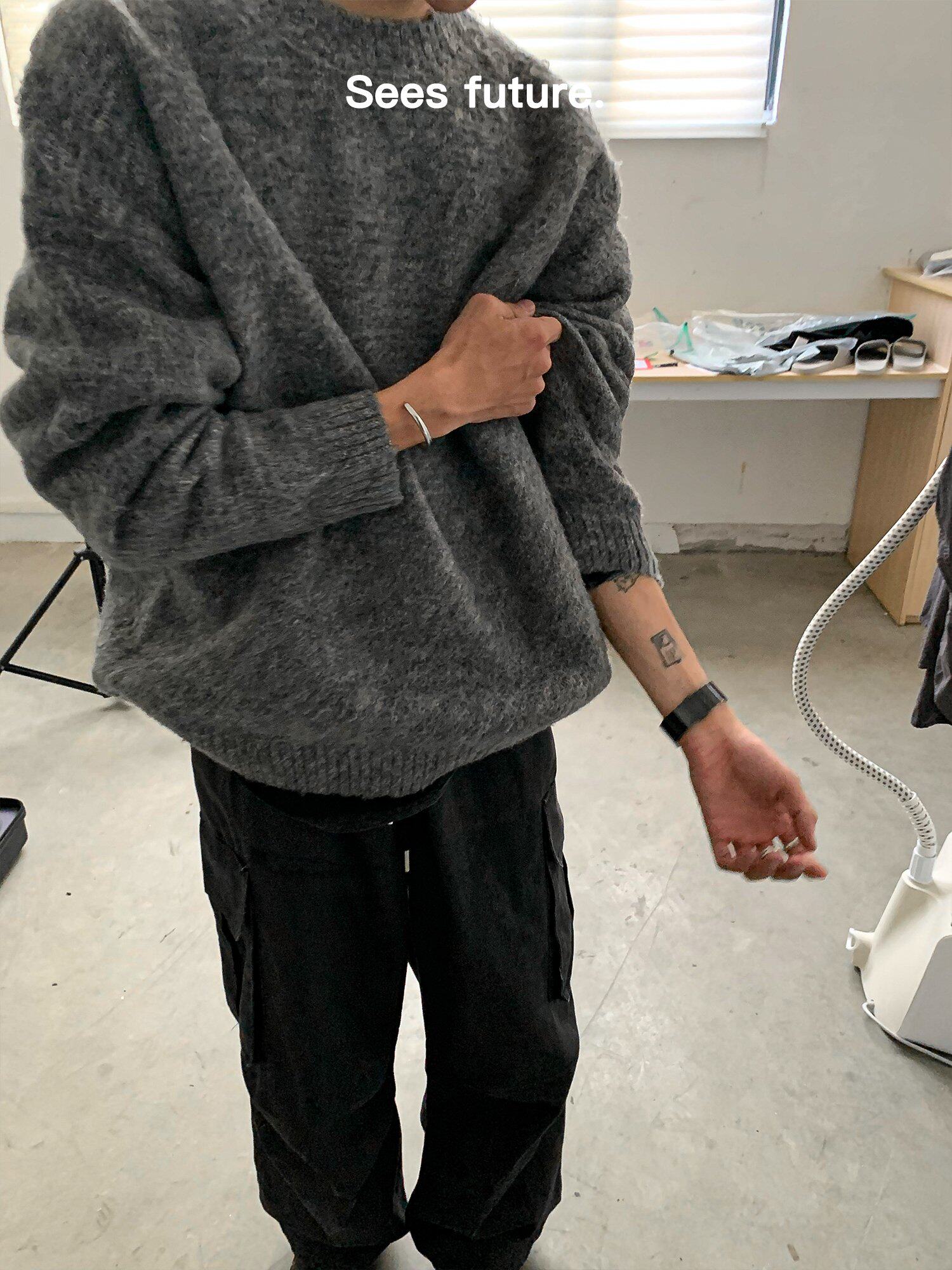 SEESFUTURE SLOUCHY MOHAIR SWEATER FALL|WINTER THICKENED KNIT WARM VINTAGE CREW NECK CARDIGAN FOR MEN AND WOMEN