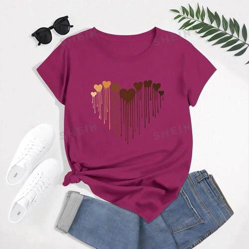 Women Leopard Heart Print Round Neck Tee Casual Fitted Crew