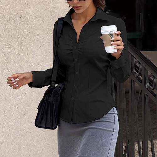 Women Button Up Sleeve Shirt Blouse Casual Color Regular