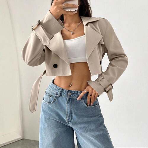 Women Plain Fitted Crop Trench Coat Double Button Belted