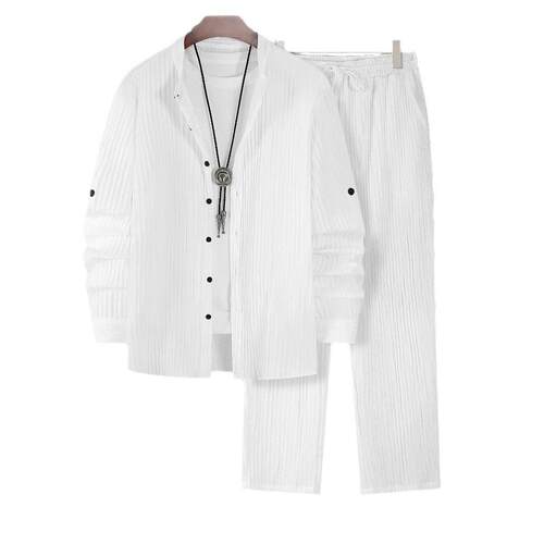 Men White Wavy Stripe Loungewear 2 Set Pajama Pyjamas Pjs