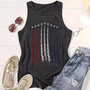 Women Independence Day Print Round Neck Fitted Tank Casual